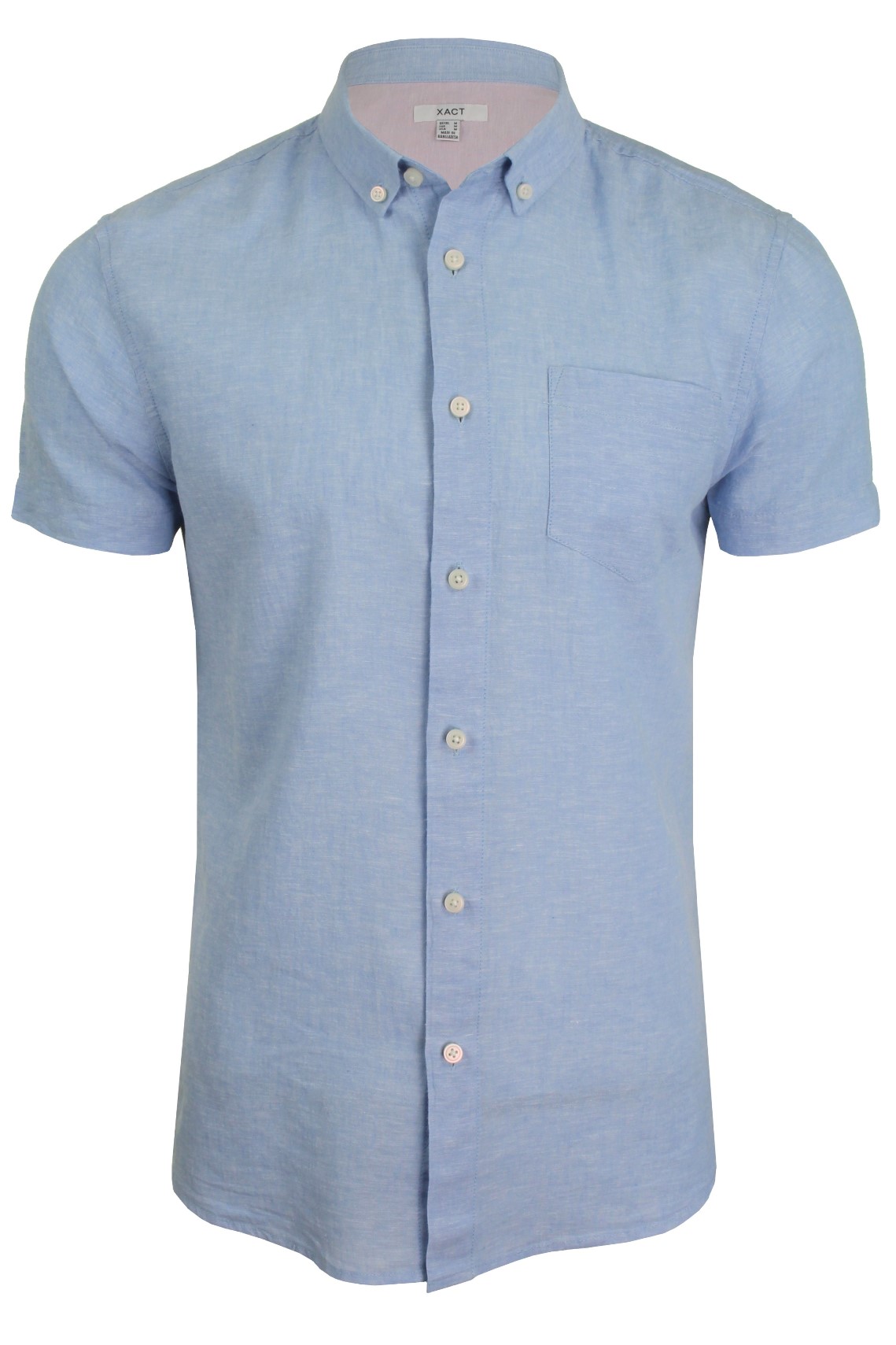 Xact Mens Plain Linen Cotton Shirt, Button-Down Collar, Short Sleeved, Slim Fit