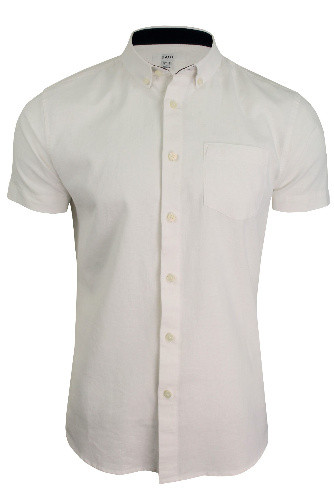 Xact Mens Plain Linen Cotton Shirt, Button-Down Collar, Short Sleeved, Slim Fit